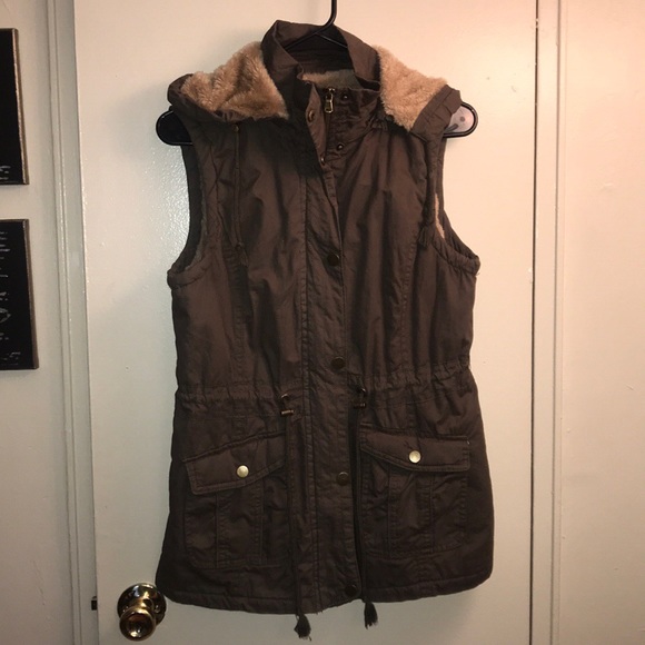YMI Jackets & Blazers - Hooded vest with faux fur lining - olive color